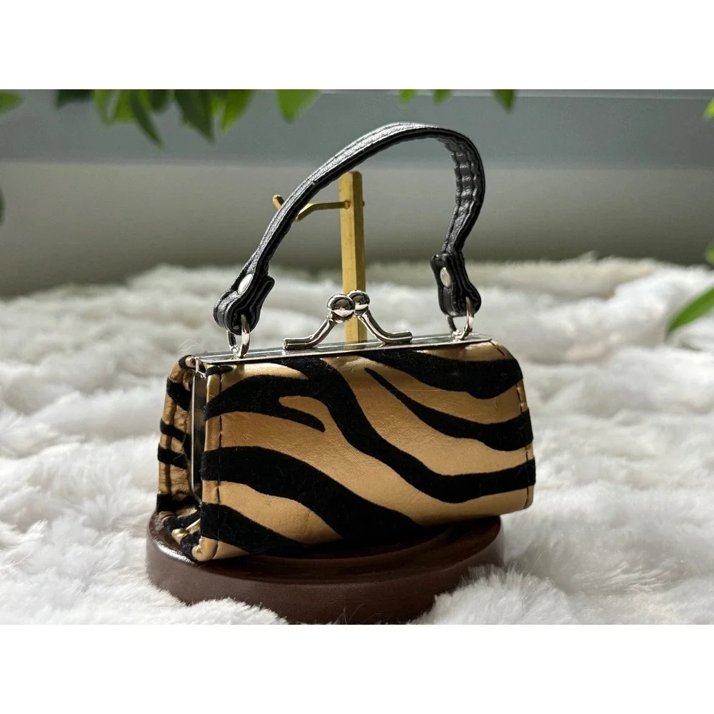 Mini Zebra Print Micro Purse Kiss Lock Handbag Y2K Glam Novelty Bag Gold Black